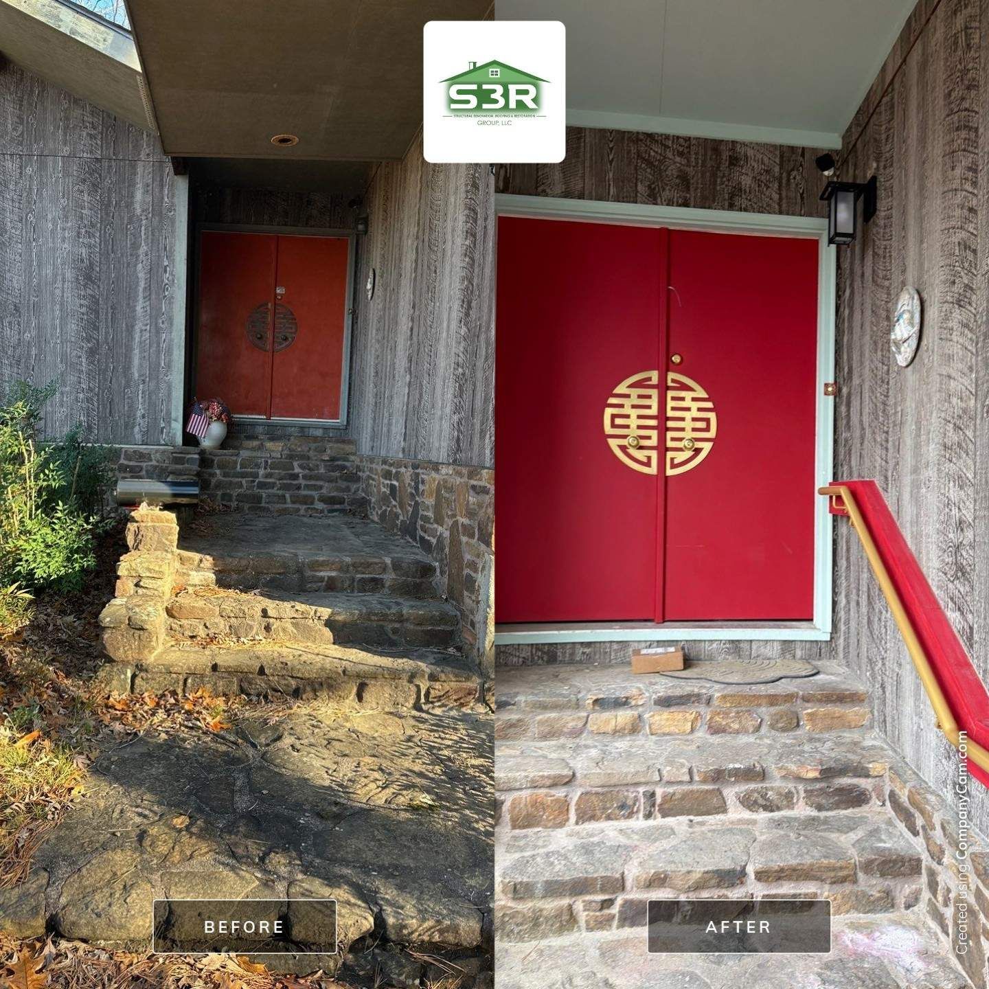 Red brick ranch house with a two-car garage and covered porch under a blue sky.