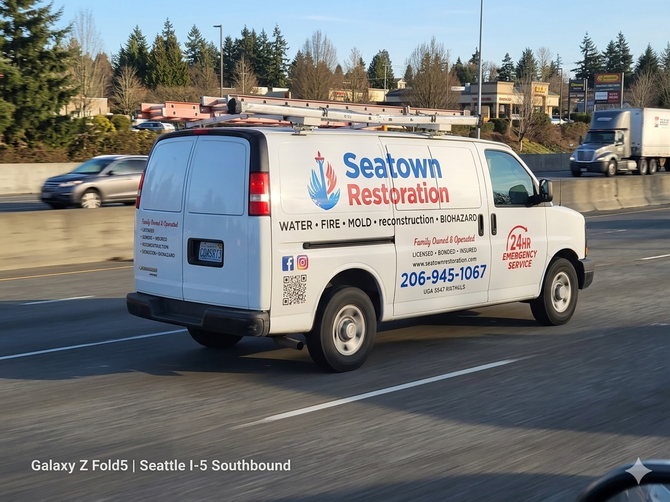 SeaNavy Restoration van driving on a highway, with blue and red logo on the side.