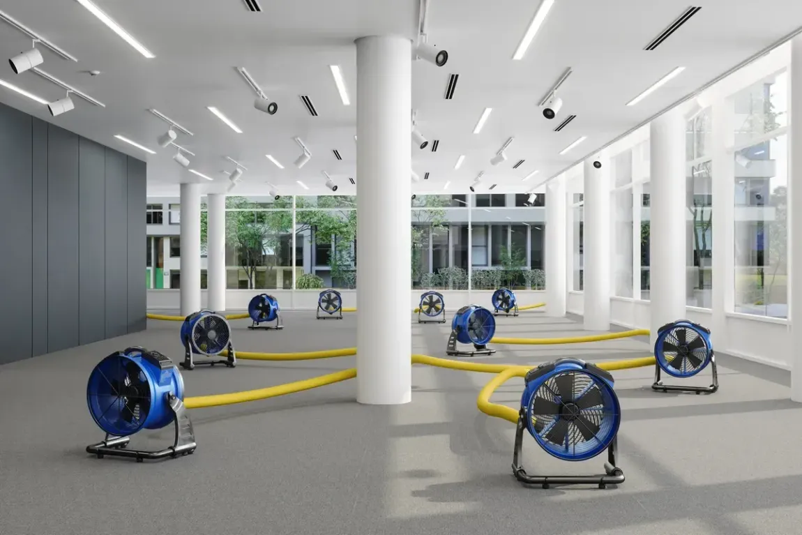 Several large blue industrial fans with yellow hoses are positioned across a spacious, empty, light-filled modern office.