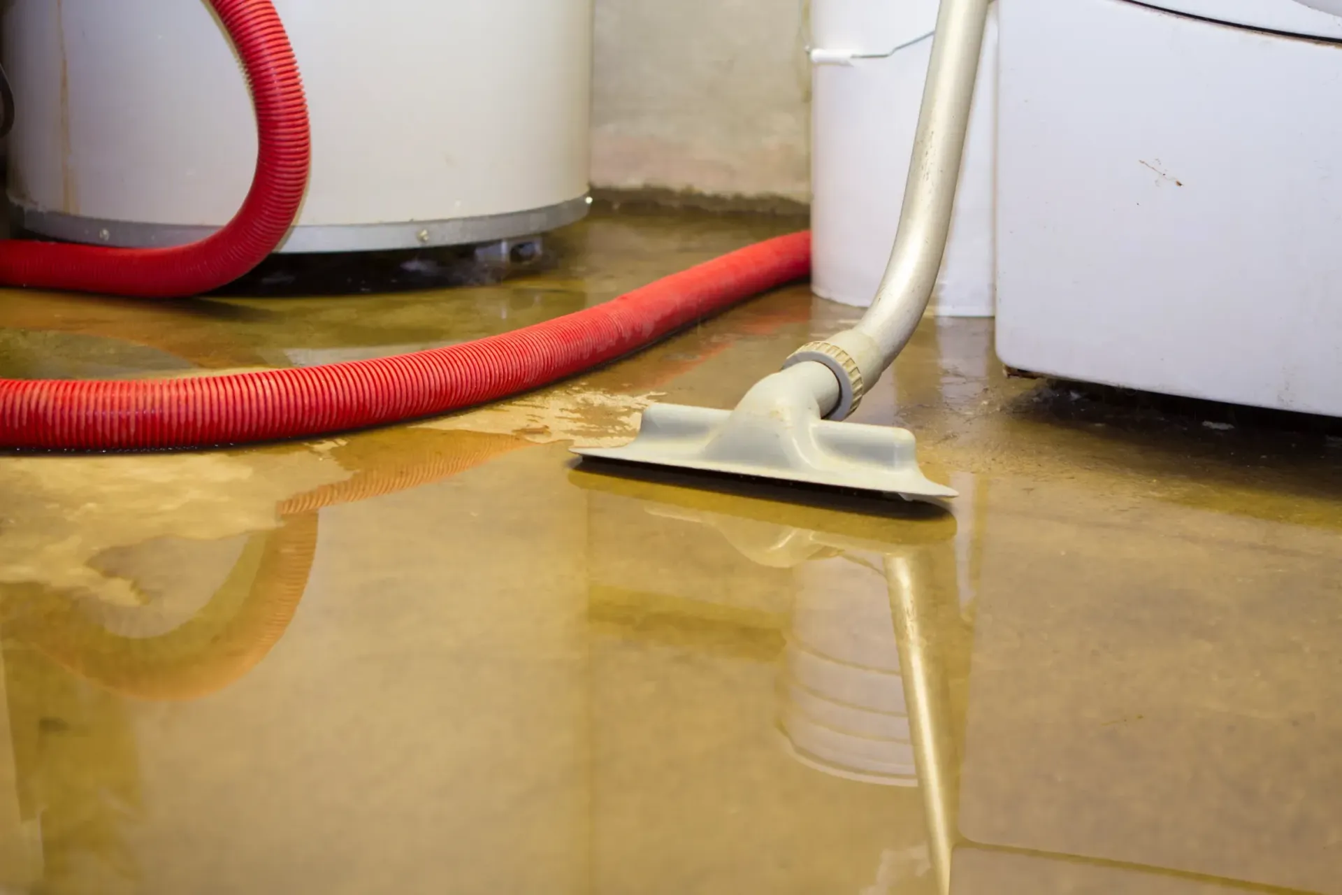 A vacuum tool cleaning up standing water on a concrete floor near a water heater and appliance.
