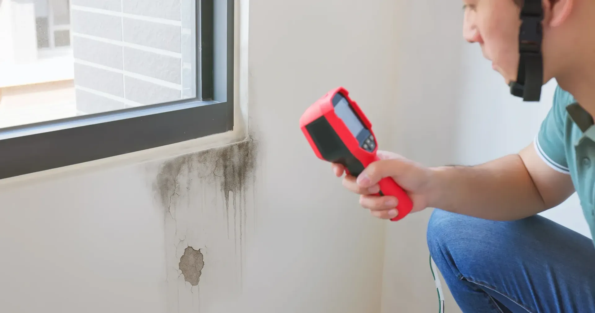 A technician uses a red thermal imaging camera to inspect a patch of mold on a wall near a window.