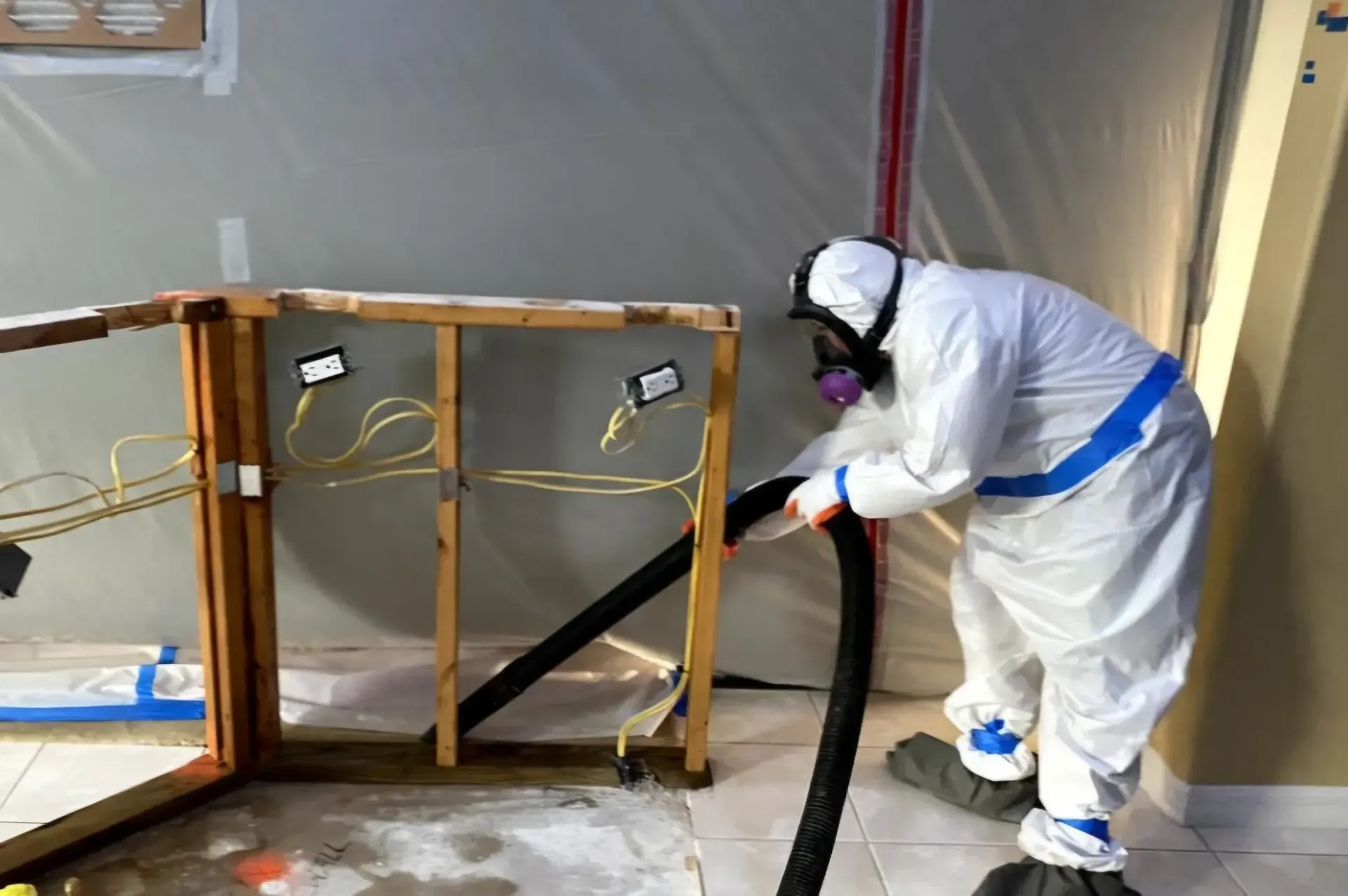A person in protective gear and a respirator vacuums dust and debris from a wall frame within a contained workspace.