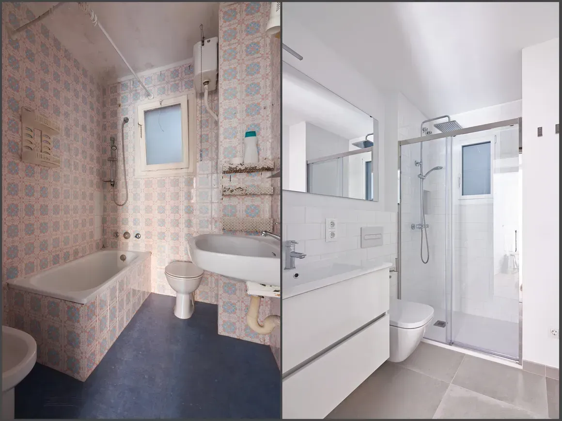 A split-screen comparison of a bathroom before renovation with floral tiles and a tub, and after with modern decor.
