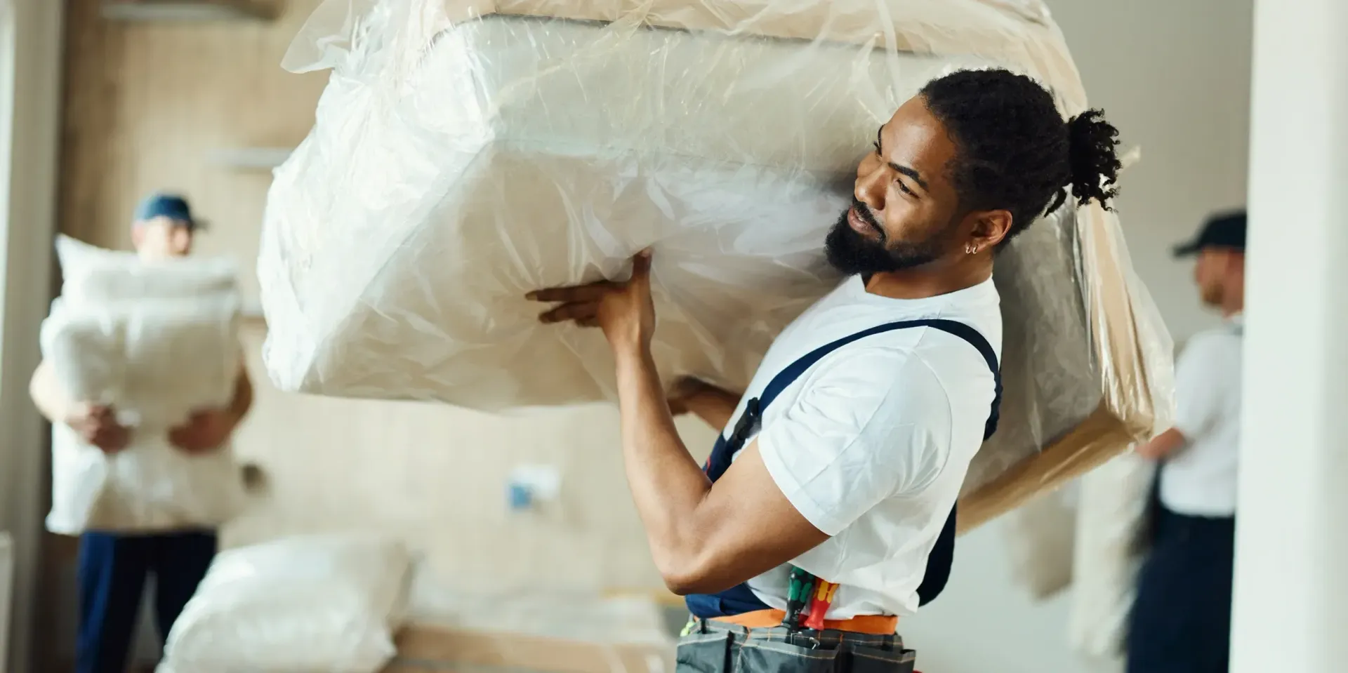 A worker in a white t-shirt and overalls carries a large, plastic-wrapped mattress over their shoulder.