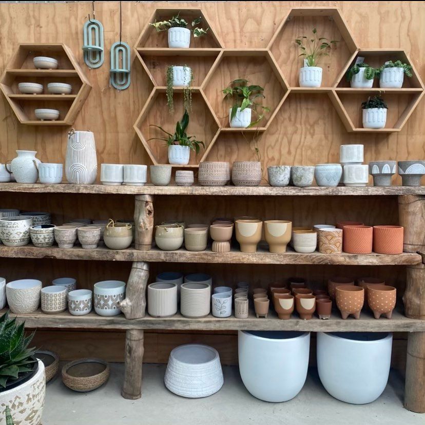 A Shelf Filled With Lots Of Pots And Vases — Schutz Landscape and Garden Supplies in Tomerong, NSW