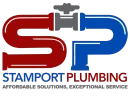 Logo for Stamport Plumbing, featuring a red 