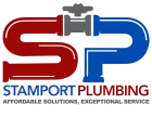 Logo for Stamport Plumbing, featuring a red 