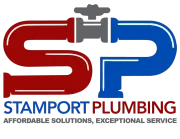 Logo for Stamport Plumbing, featuring red and blue pipes shaped like an 