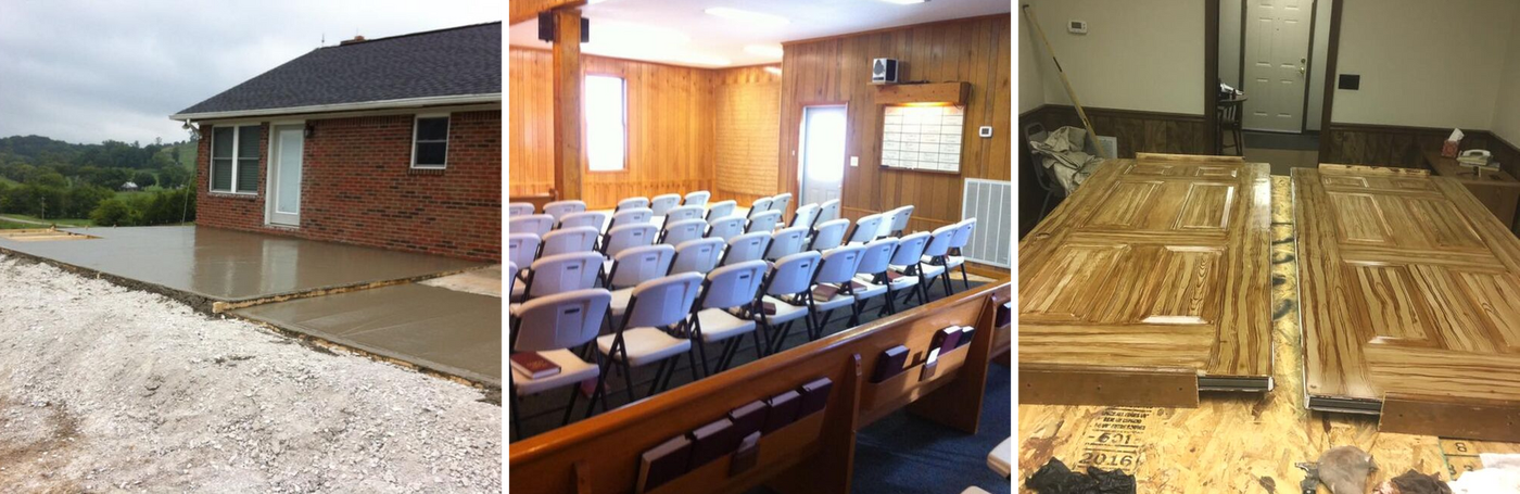 A collage showing a brick building exterior, a wood-paneled room with rows of chairs, and two wooden doors.