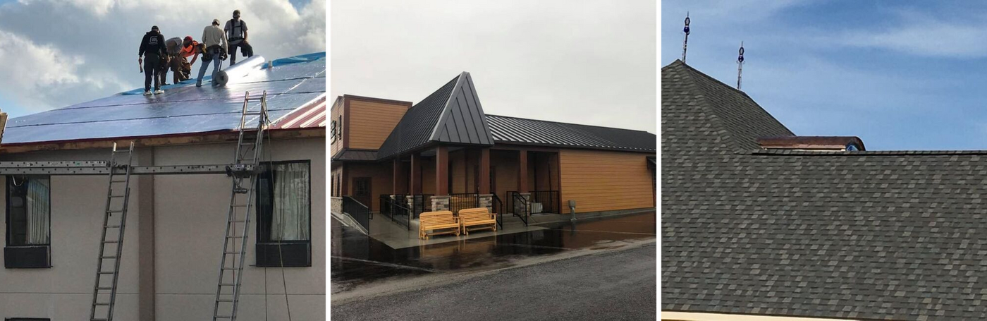 A three-part collage showing construction workers installing a blue-underlayment roof, a partially built structure, and roof.