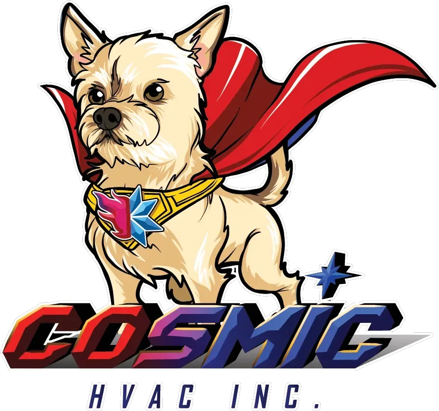 The logo for cosmic hvac inc shows a dog wearing a cape