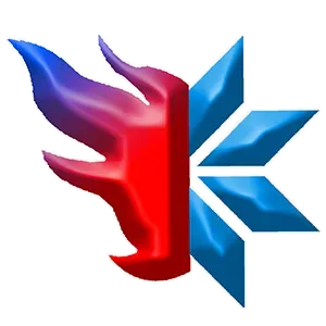 A red and blue logo with a star in the middle