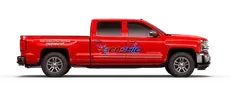 A red truck with the word cosmic on the side is on a white background.