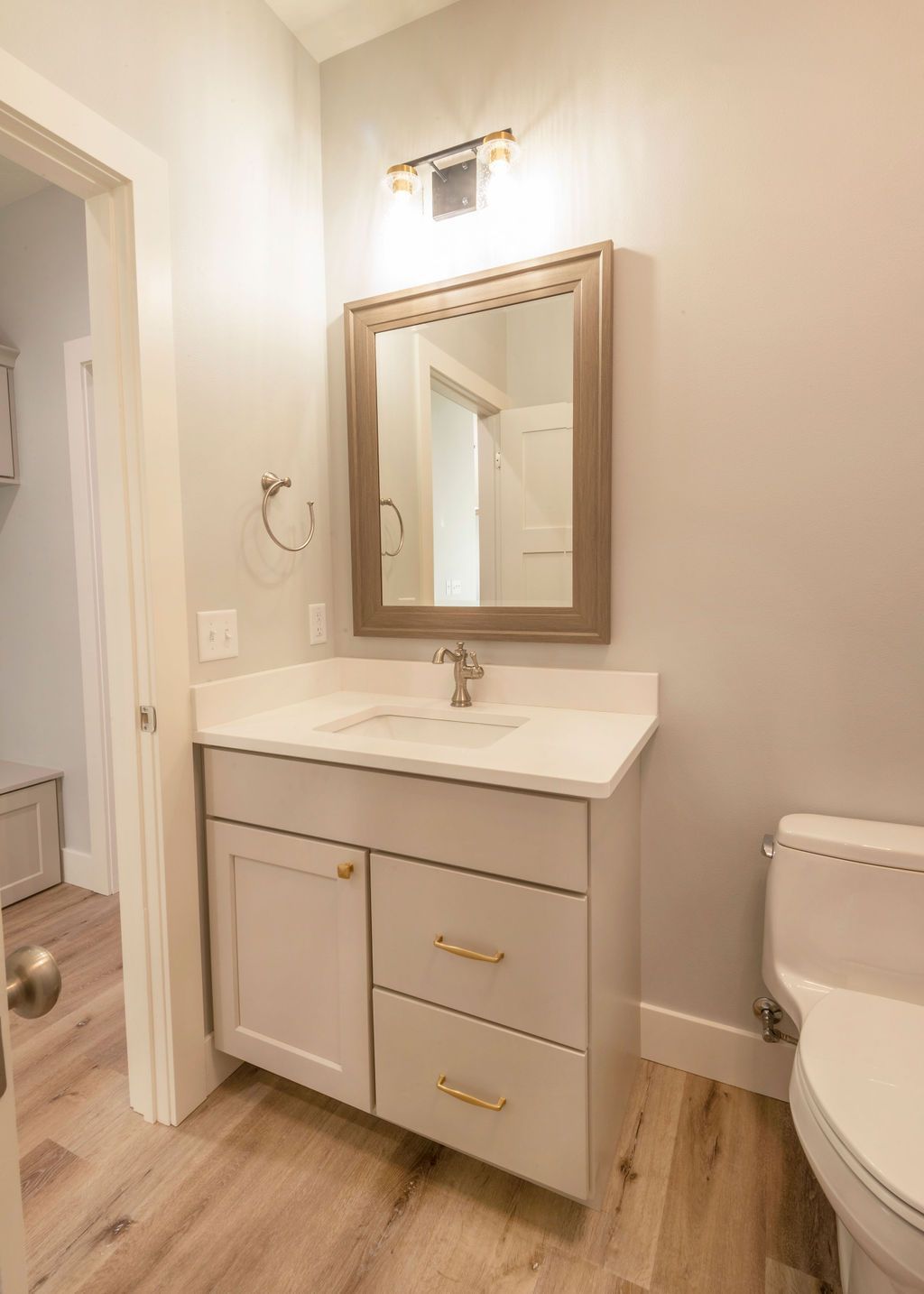 Bathroom with light gray walls, a white vanity with gold hardware, and a wooden floor.