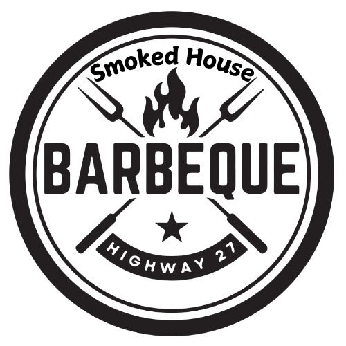 A black and white logo for smoked house barbeque highway 27.