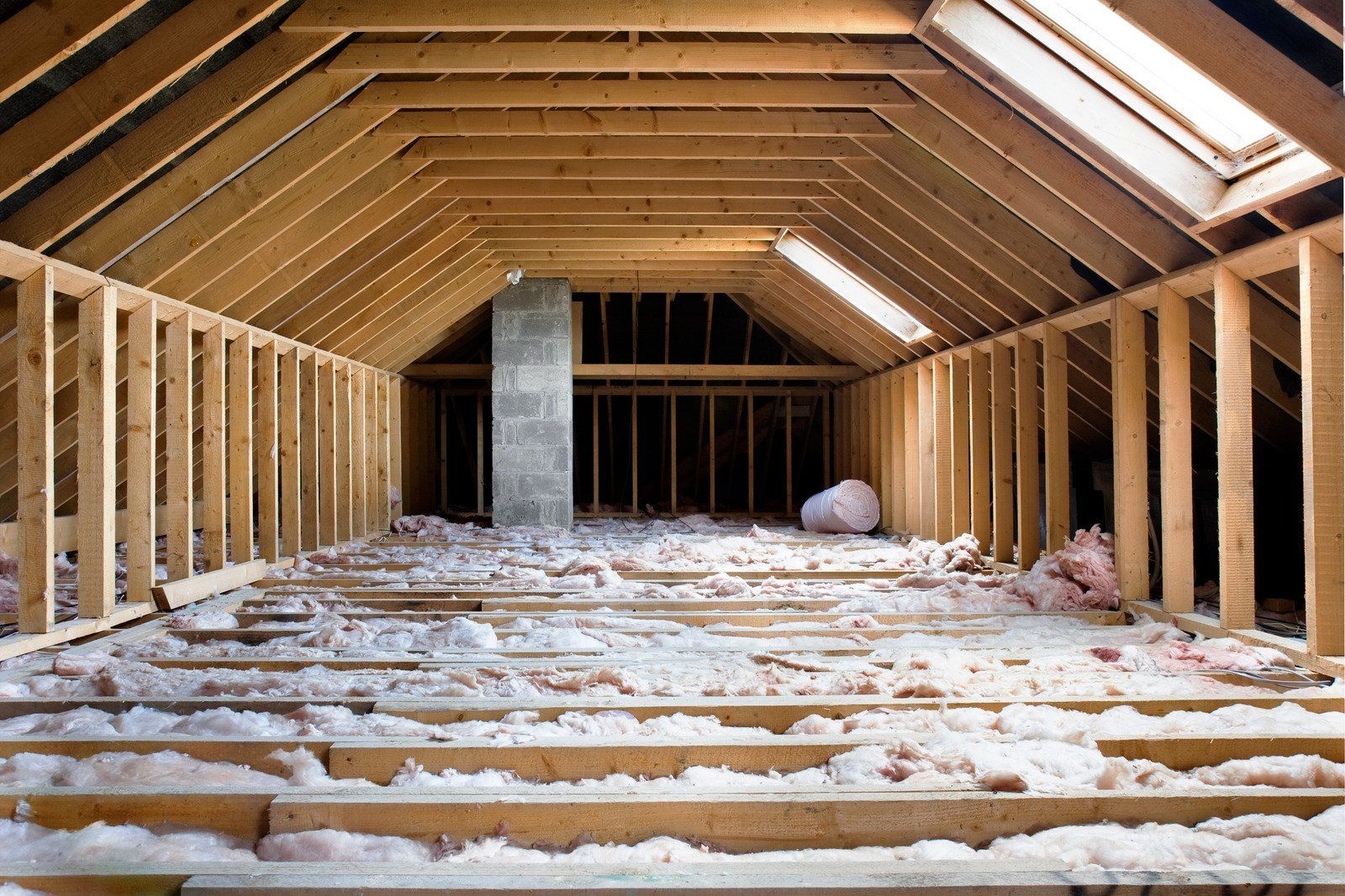 Interior view of an unfinished attic with wooden framing, exposed insulation, a chimney, and skylights.