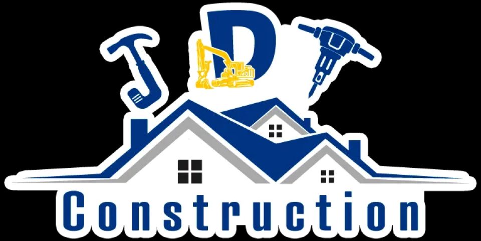Logo for JD Construction with a house silhouette, tools, and company name.