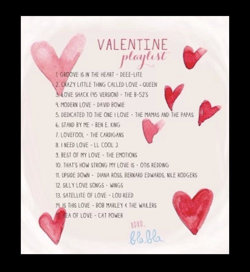 A valentine playlist with red hearts on it