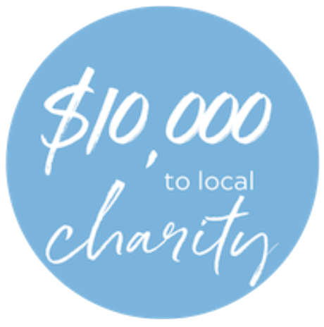 A blue circle that says $ 10,000 to local charity