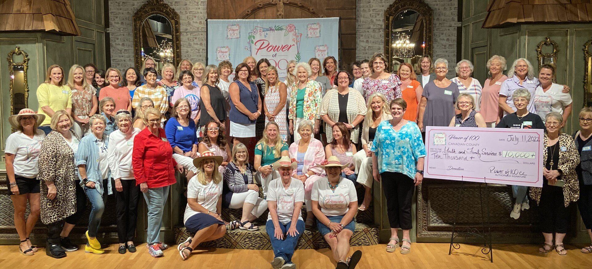 A large group of women are posing for a picture while holding a large check.