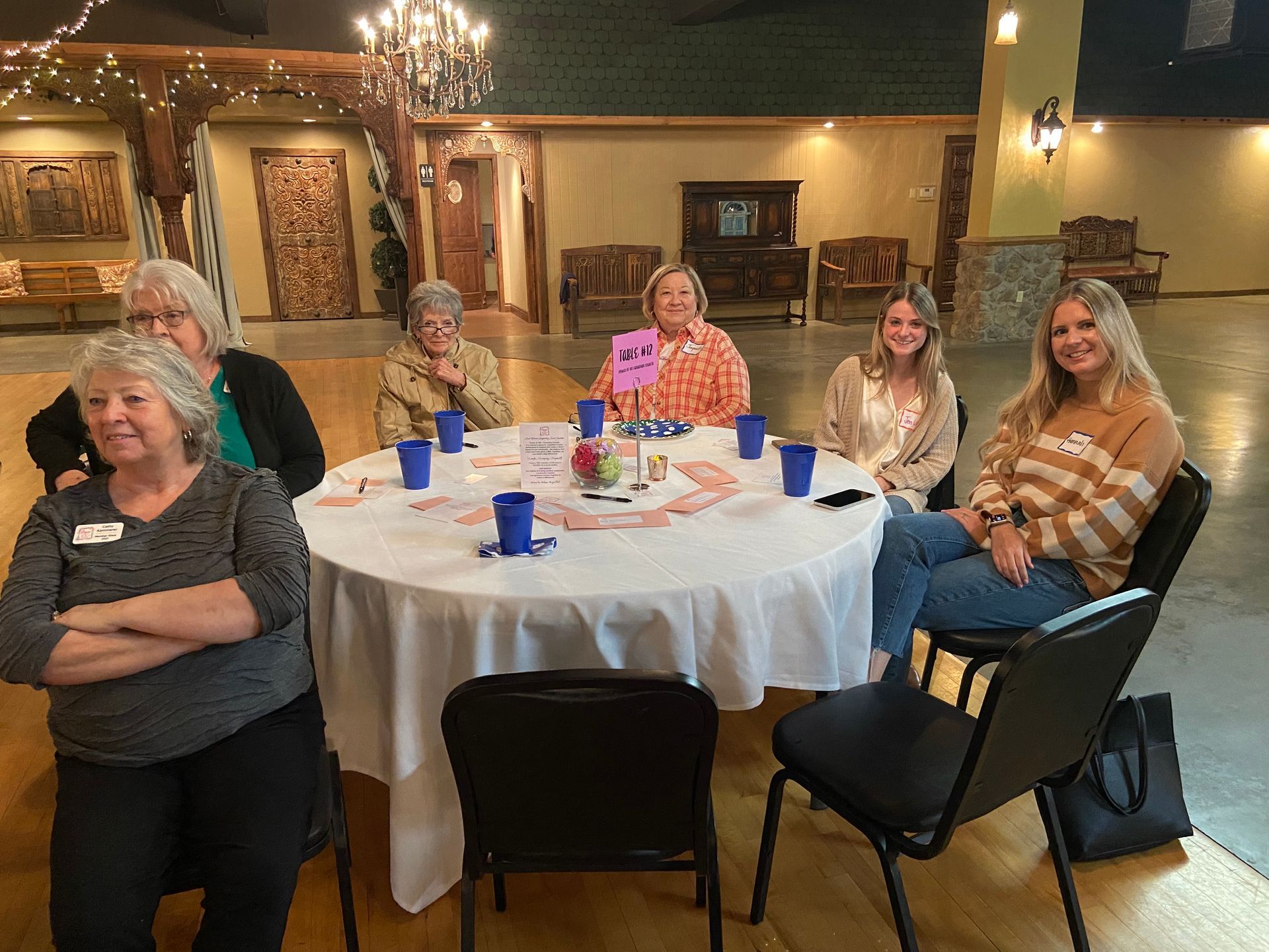 A group of women are sitting around a table in a room.