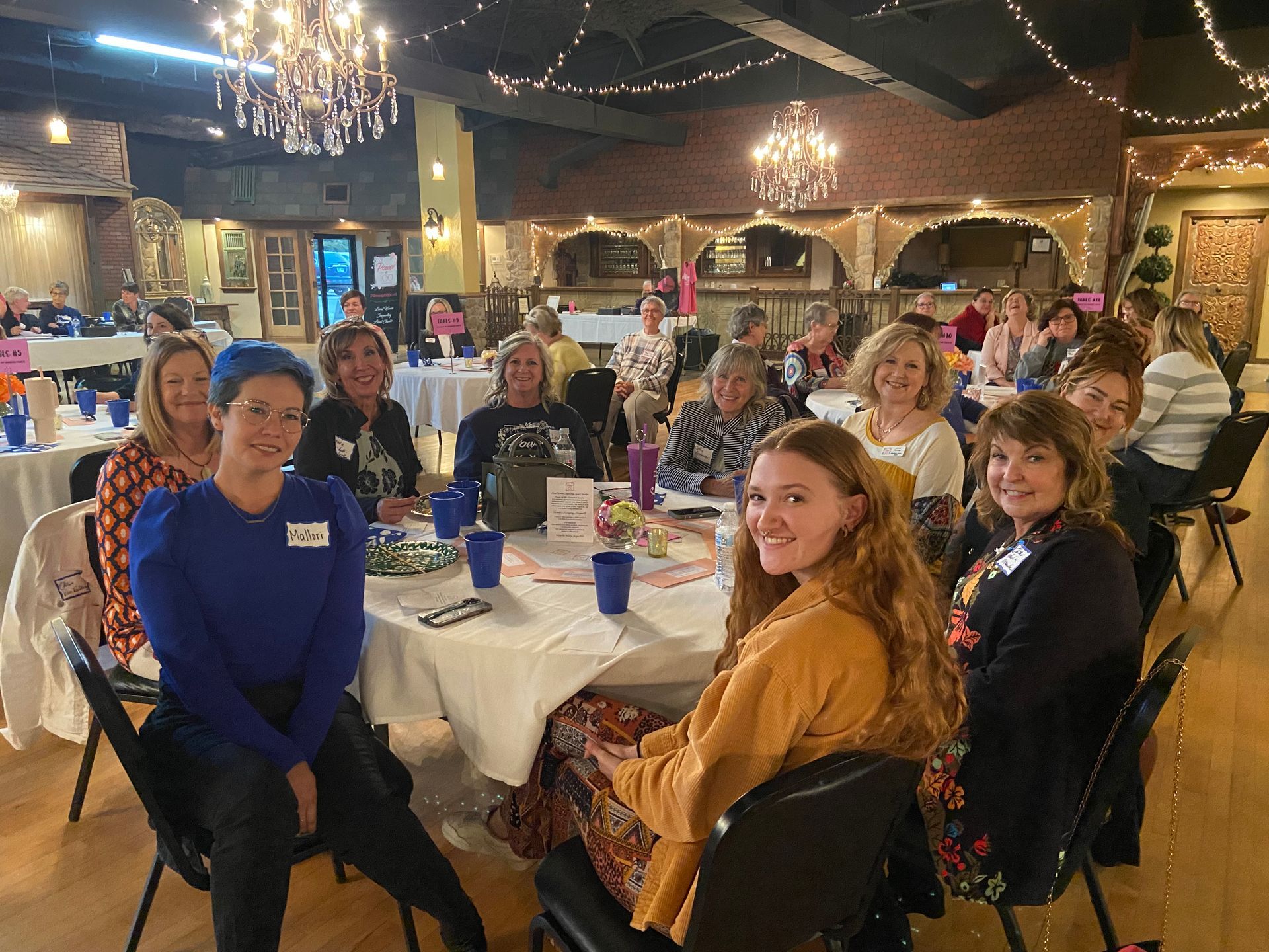A group of women are sitting at tables in a room.
