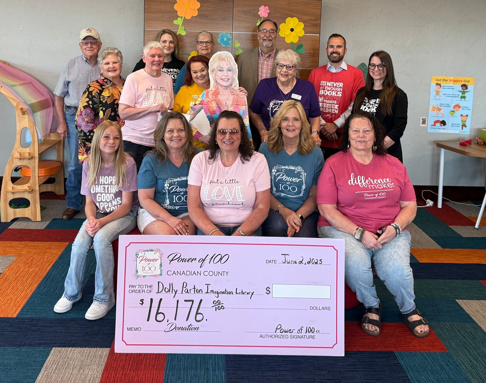 A group of people holding a check in front of jacob 's cupboard