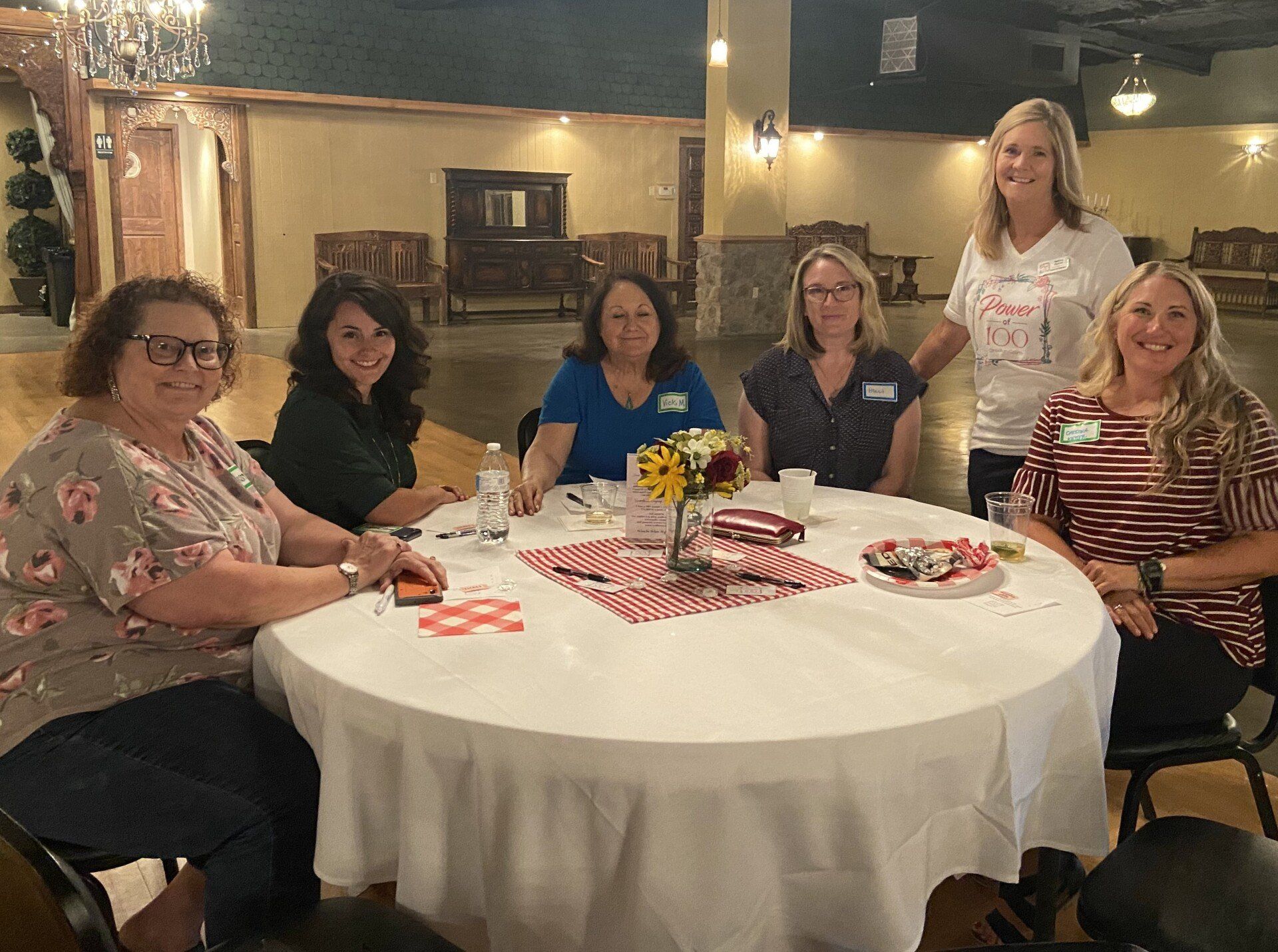 A group of women are sitting around a table in a room.