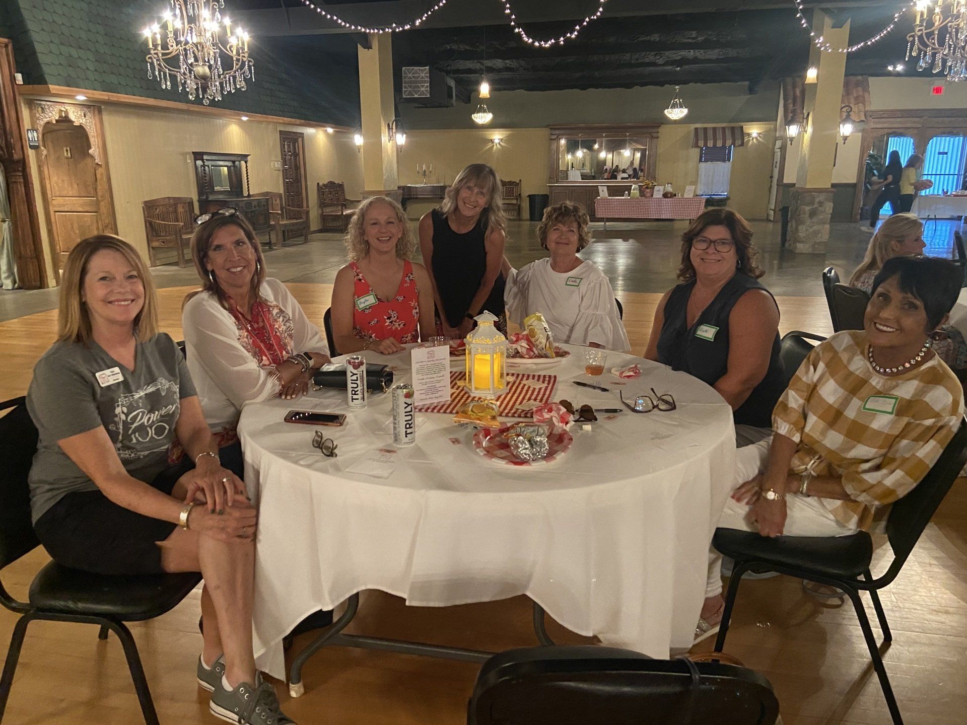 A group of women are sitting around a table in a room.