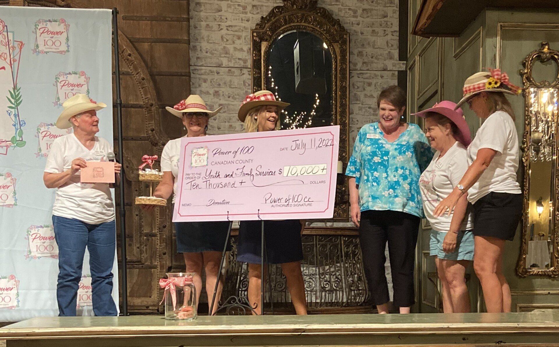 A group of women in cowboy hats are holding a large check.