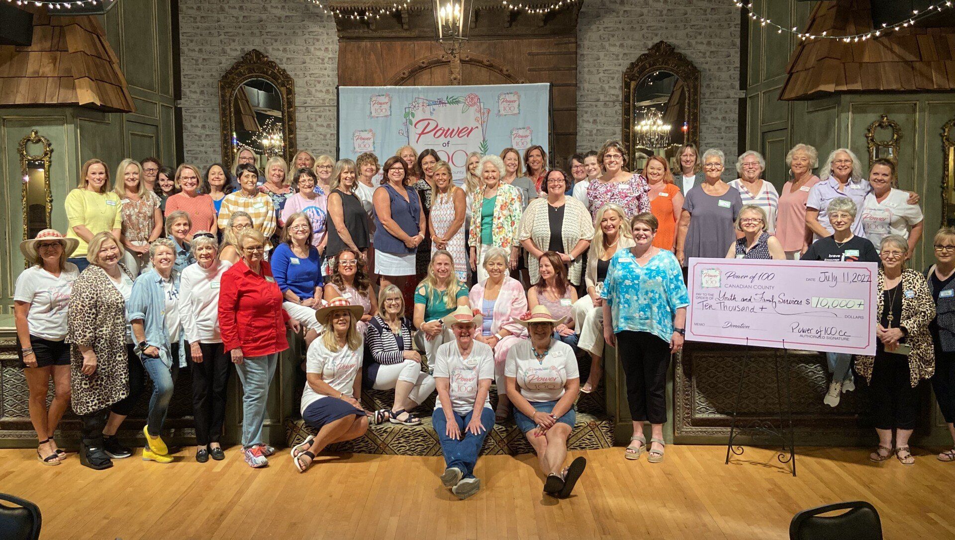 A large group of women are posing for a picture in a room.