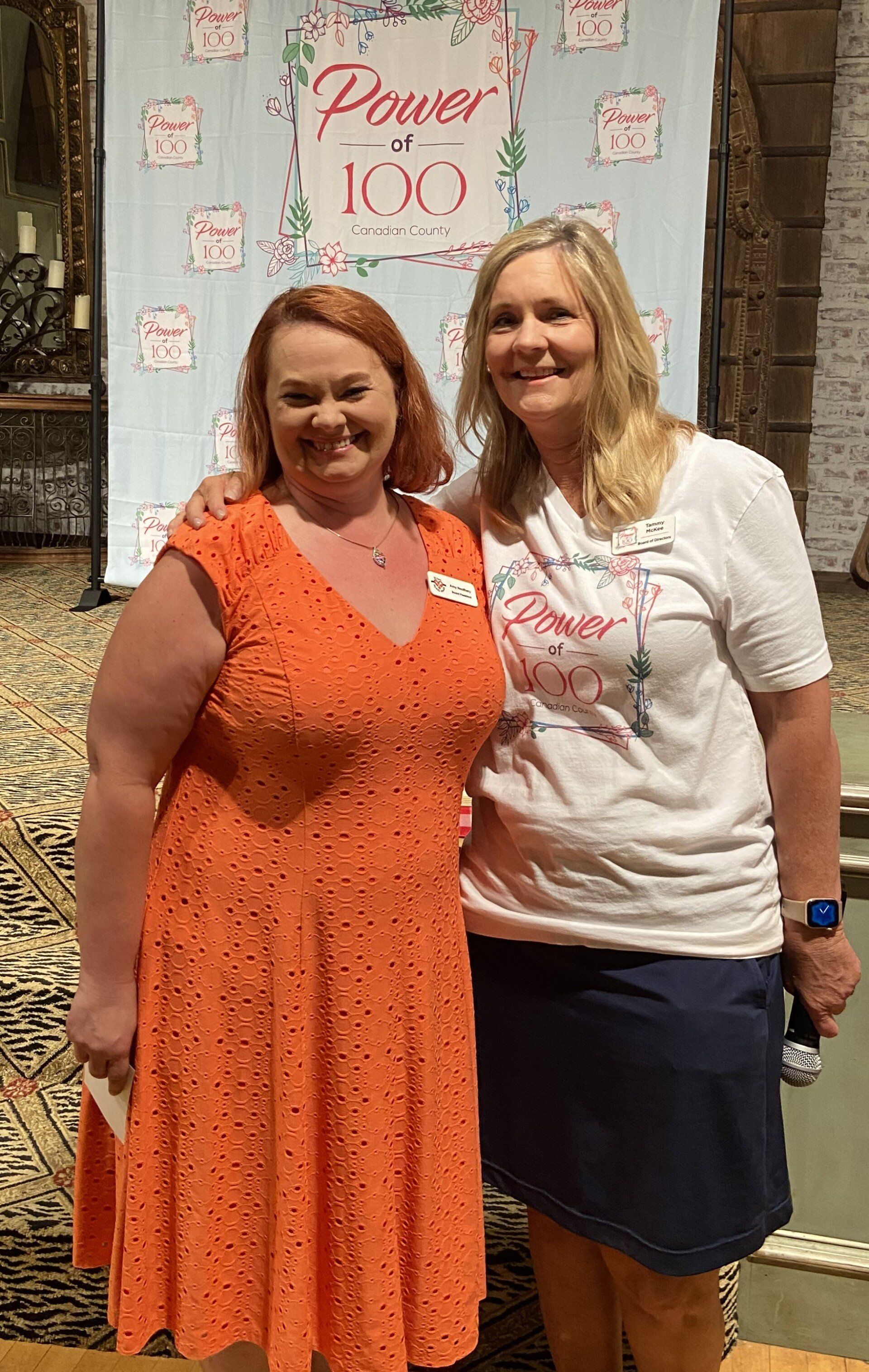Two women are posing for a picture in front of a banner that says power 100.