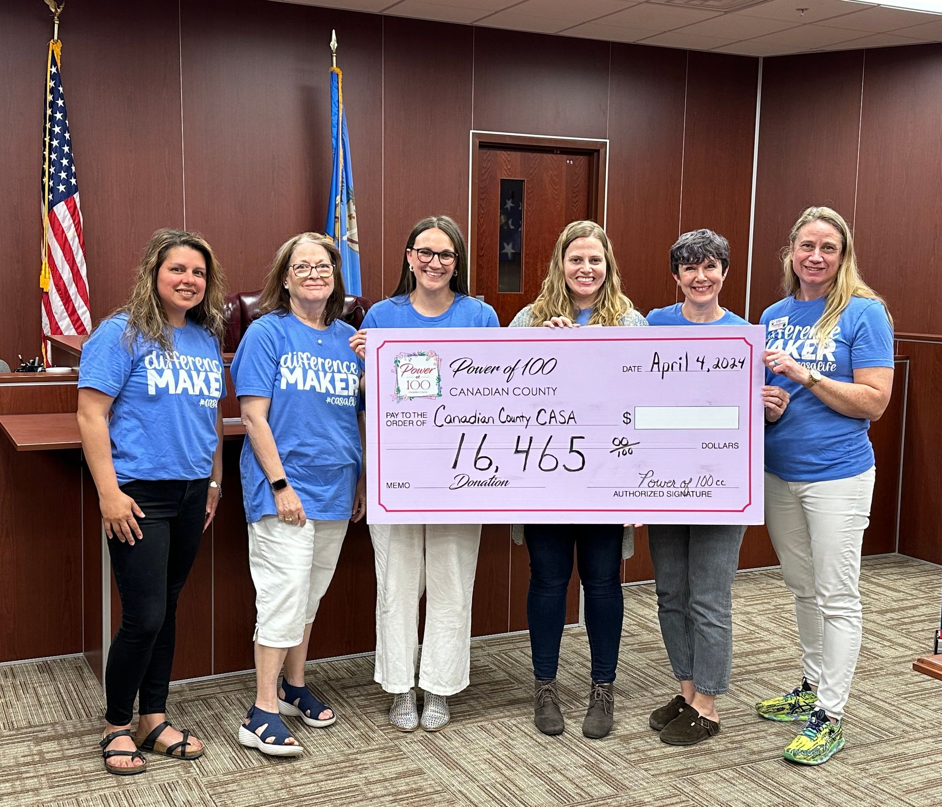 A group of women in blue shirts are holding a large check.
