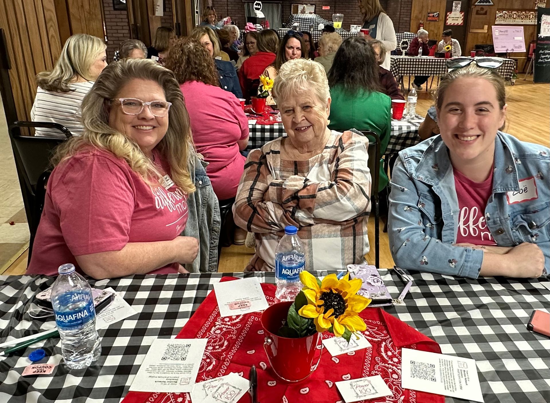 A group of women are sitting at a table with a checkered tablecloth.
