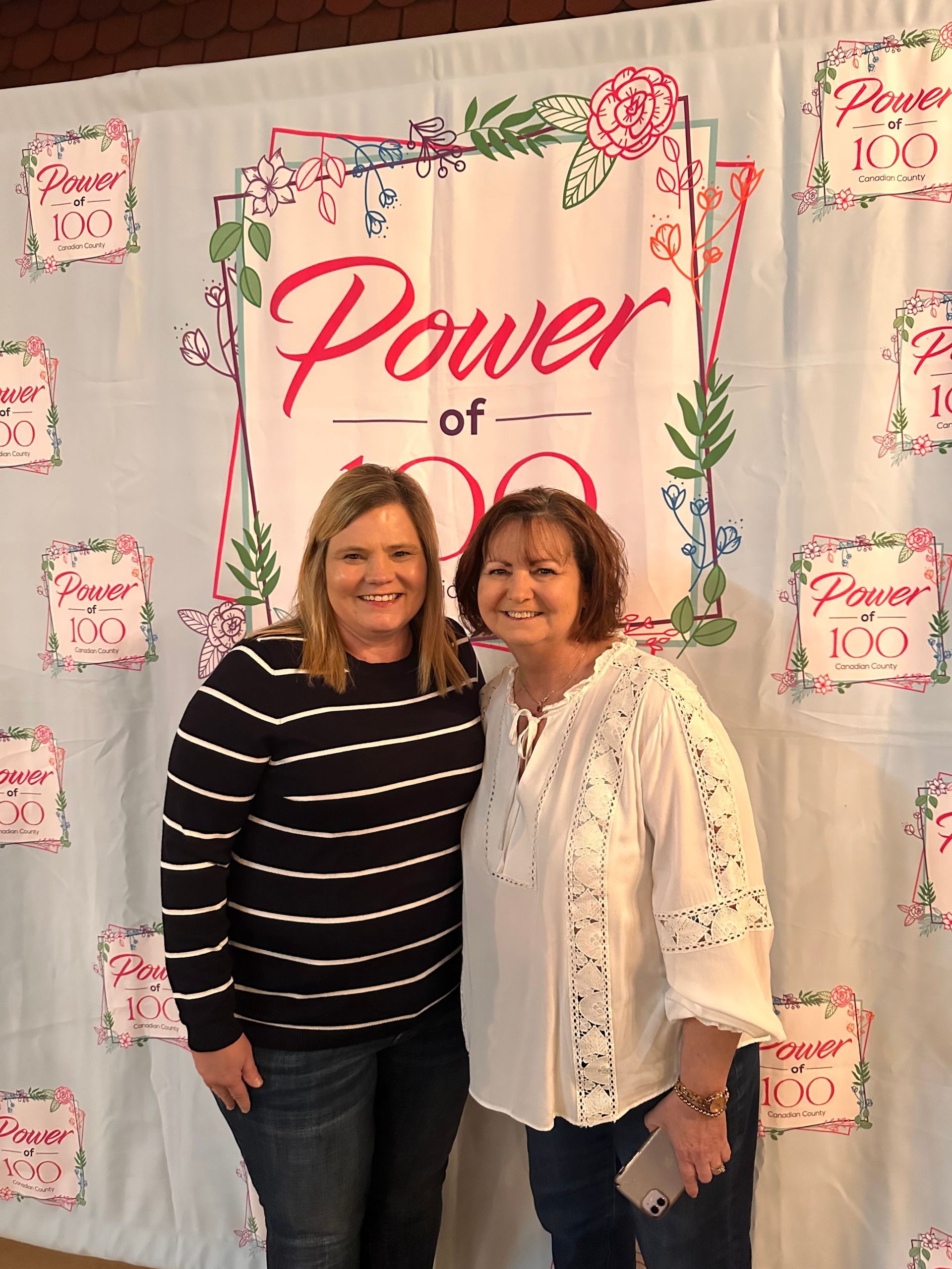 Two women are posing for a picture in front of a power of 100 sign.