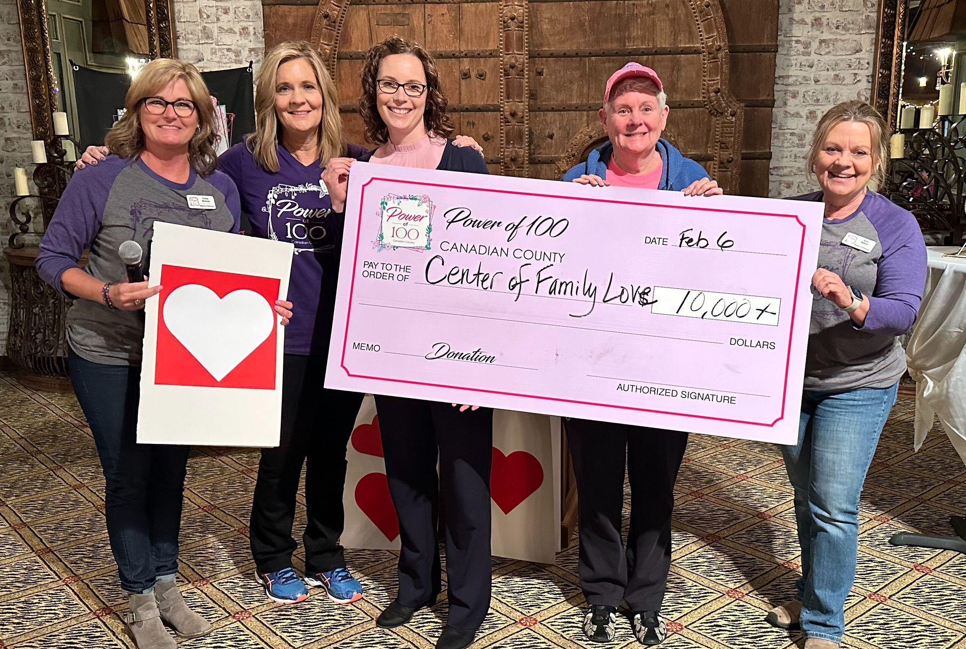 A group of women are holding a large pink check.