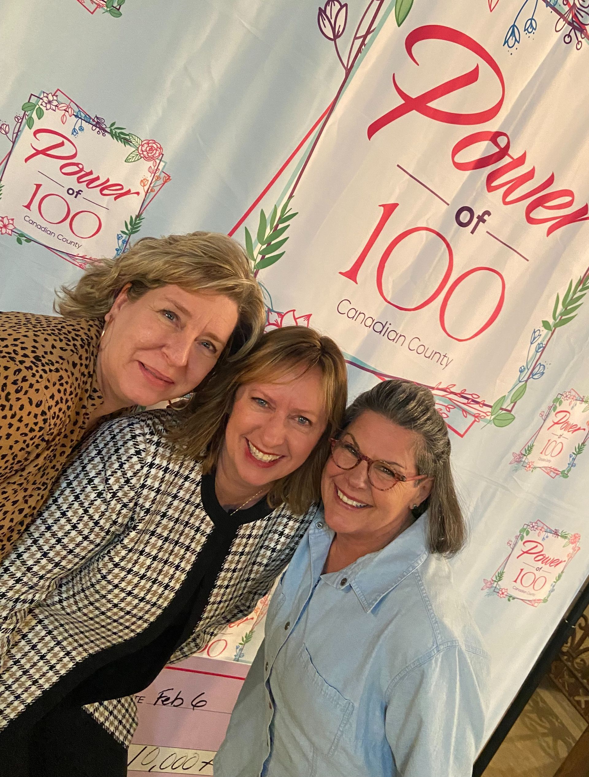 Three women are posing for a picture in front of a sign that says power of 100