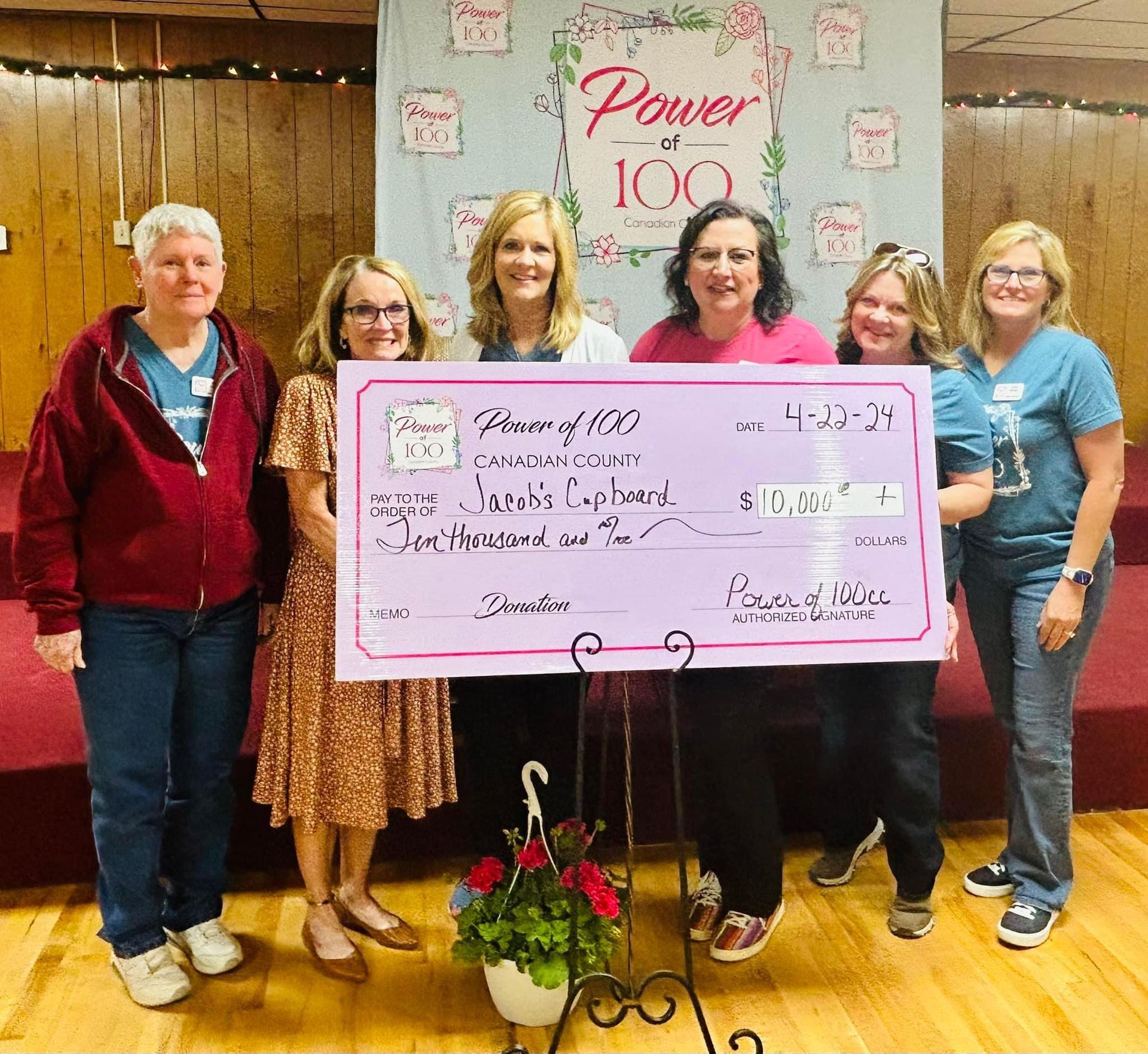 A group of women holding a large check in front of a sign that says power of 100