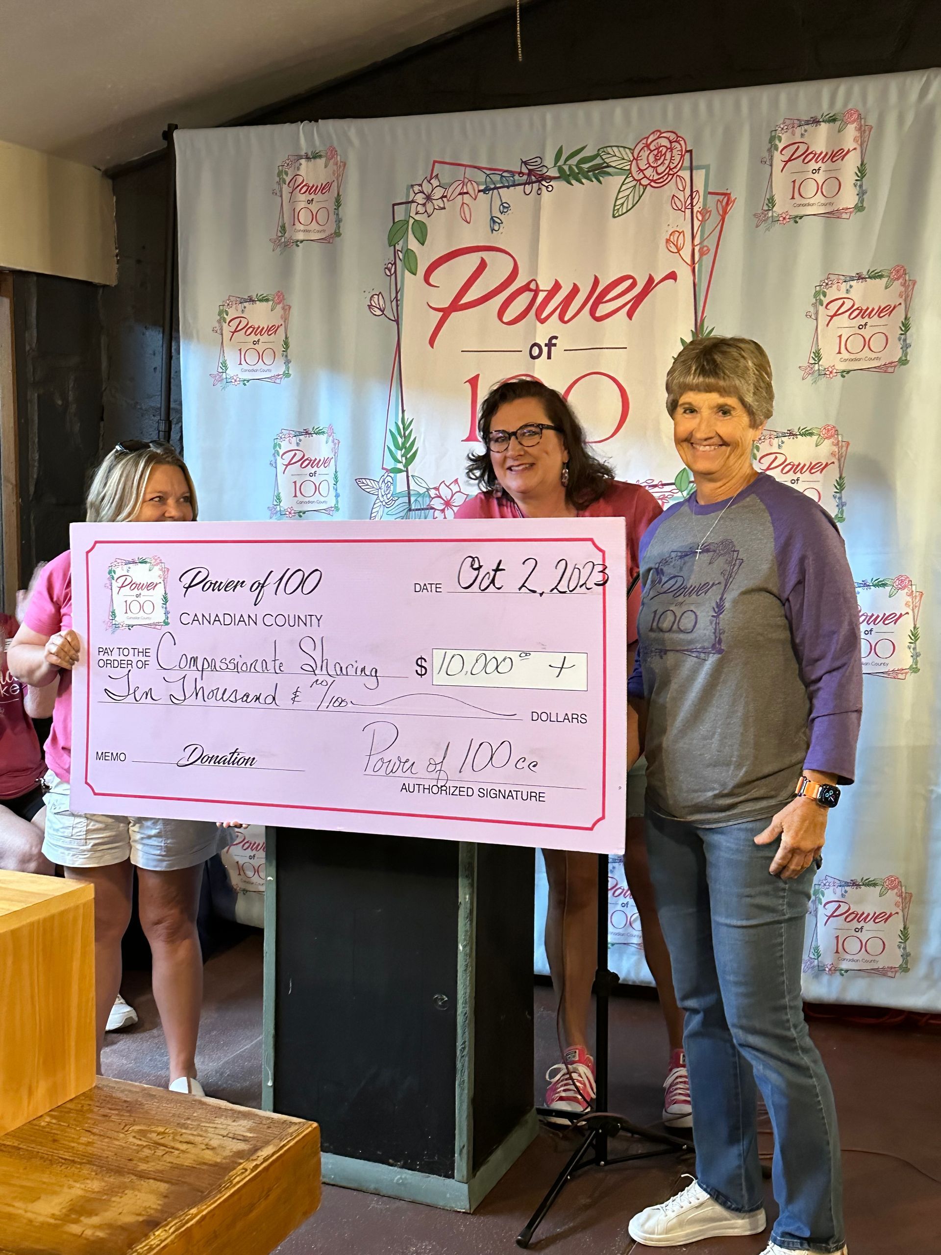 Three women are standing in front of a large pink check.