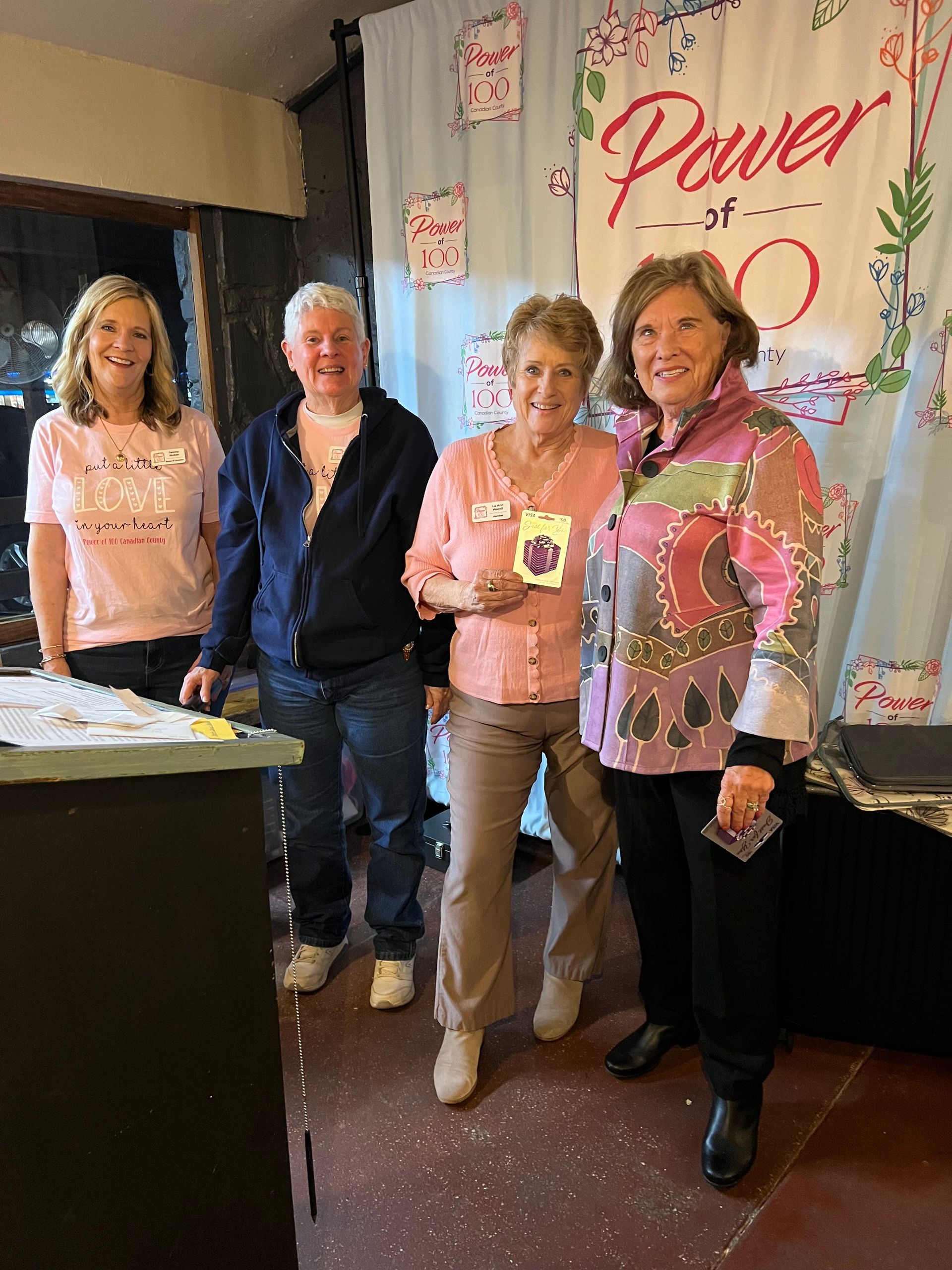 A group of women are posing for a picture in front of a power sign.