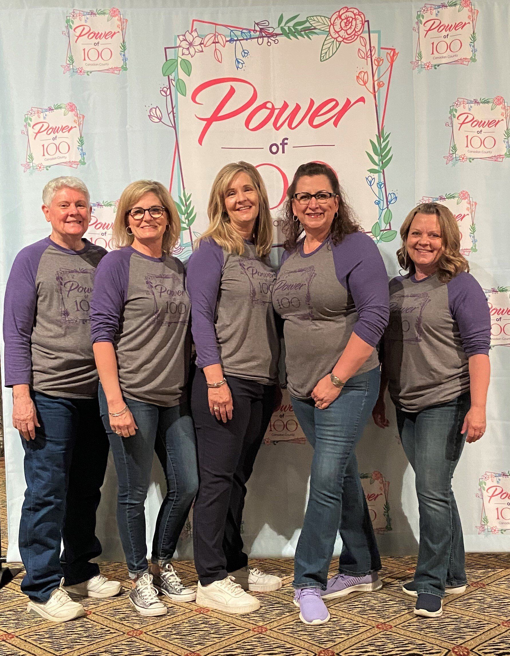 A group of women are posing for a picture in front of a sign that says power of.