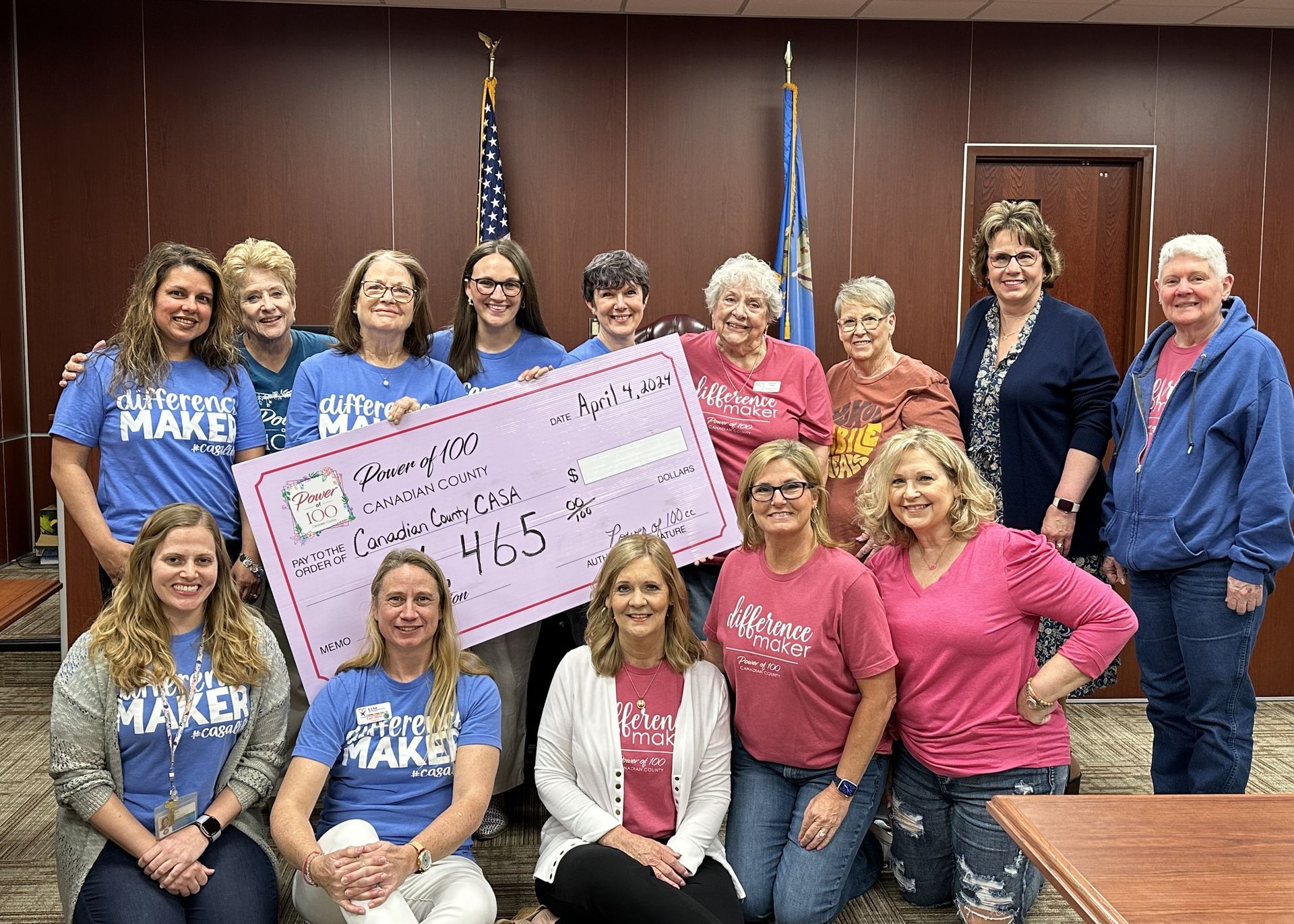 A group of people are posing for a picture while holding a large check.
