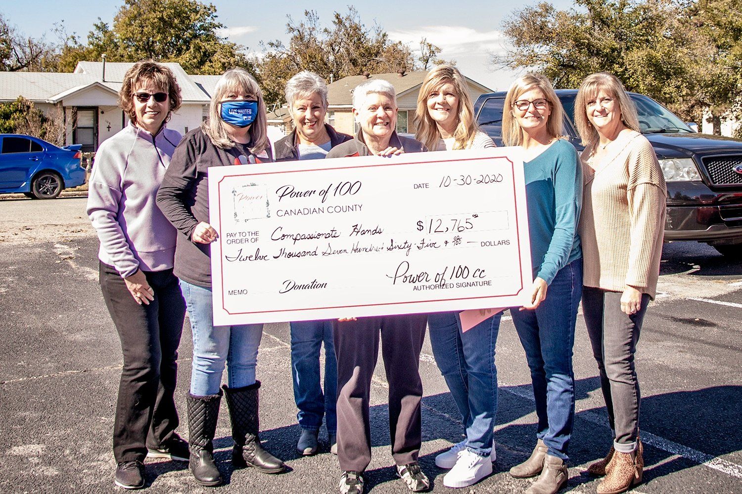 A group of women are holding a large check in a parking lot.