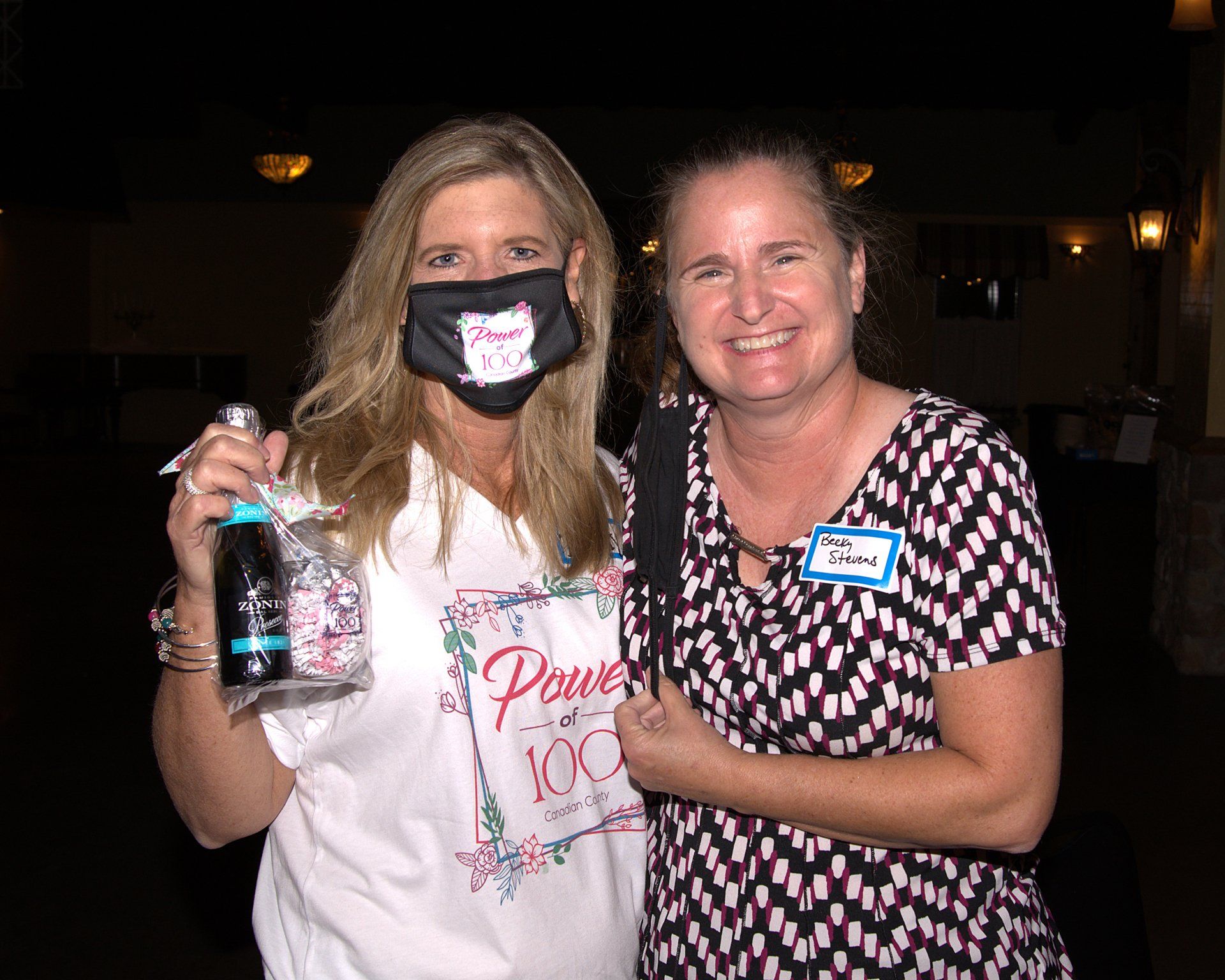 Two women are posing for a picture and one of them is wearing a mask.
