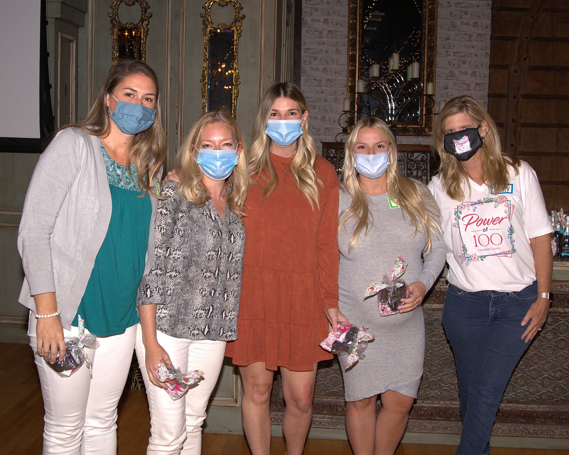 A group of women wearing face masks are posing for a picture