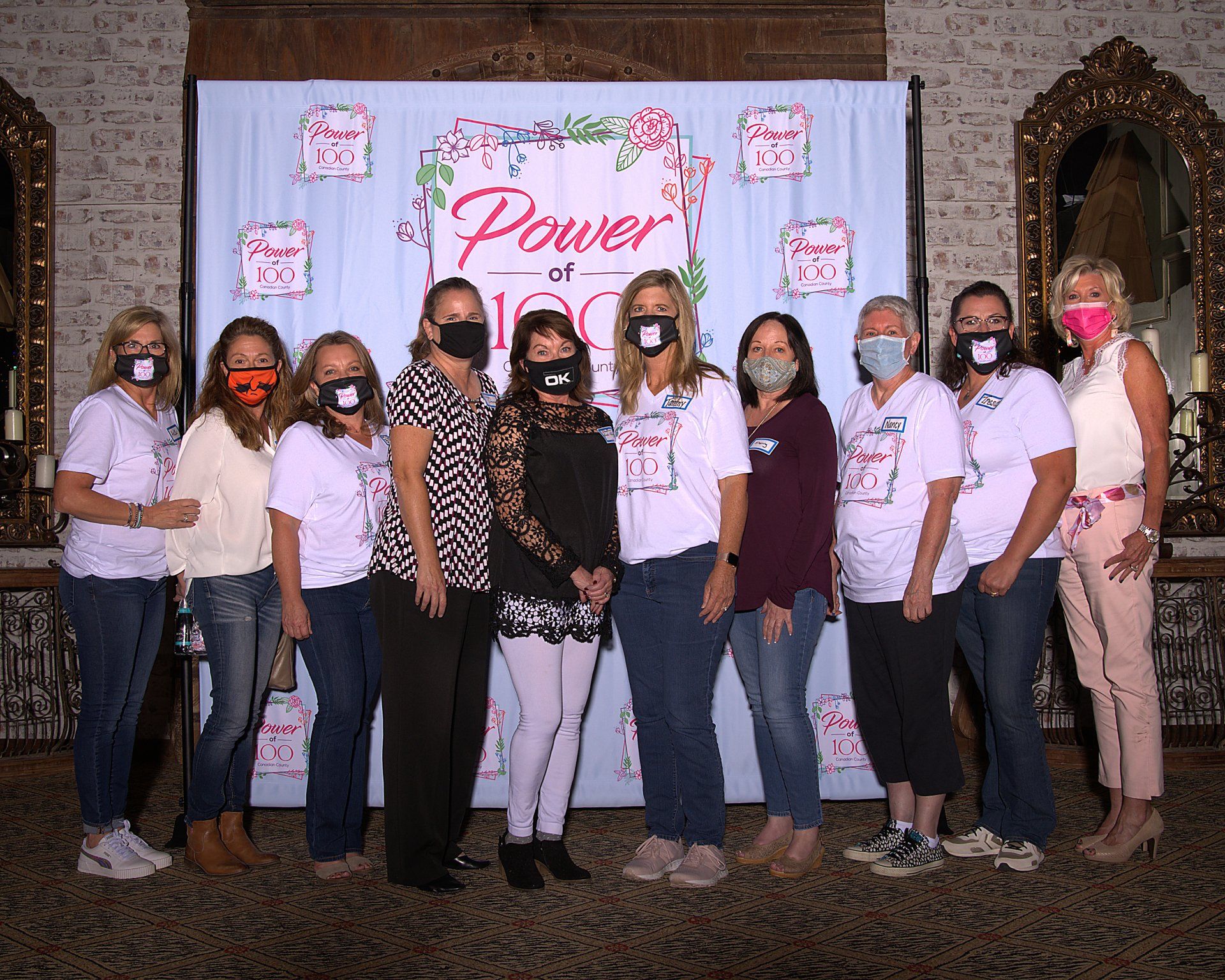 A group of women wearing face masks are posing for a picture.