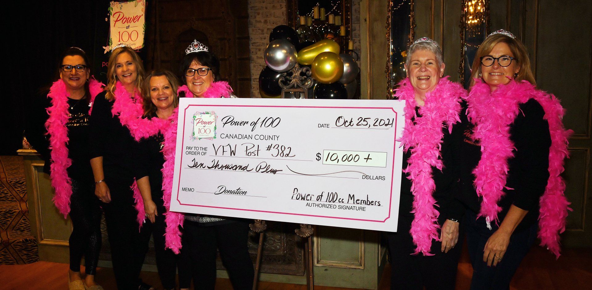 A group of women standing next to each other holding a large check.