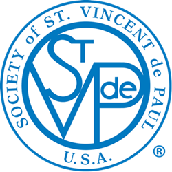 A blue and white logo for the society of st. vincent de paul