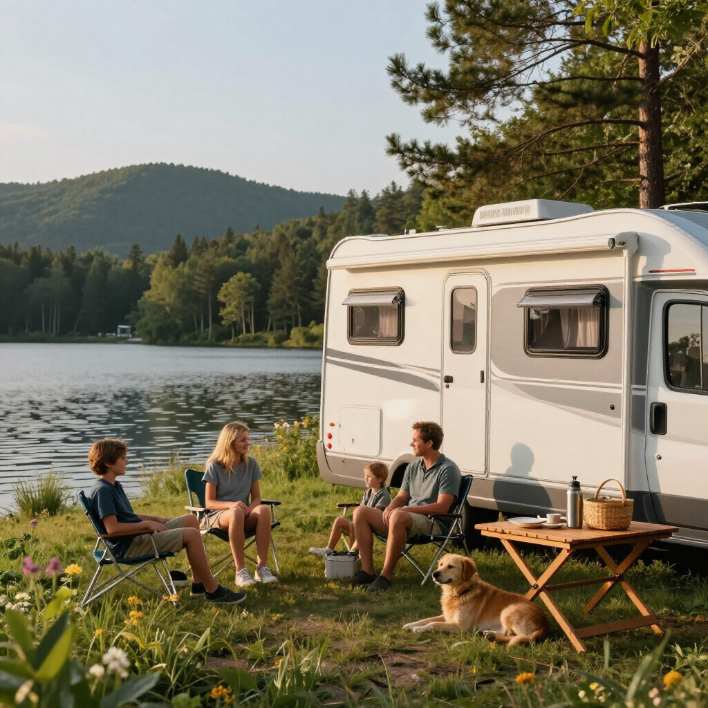People camping by a lake beside a white camper, with chairs, table, and a dog at sunset