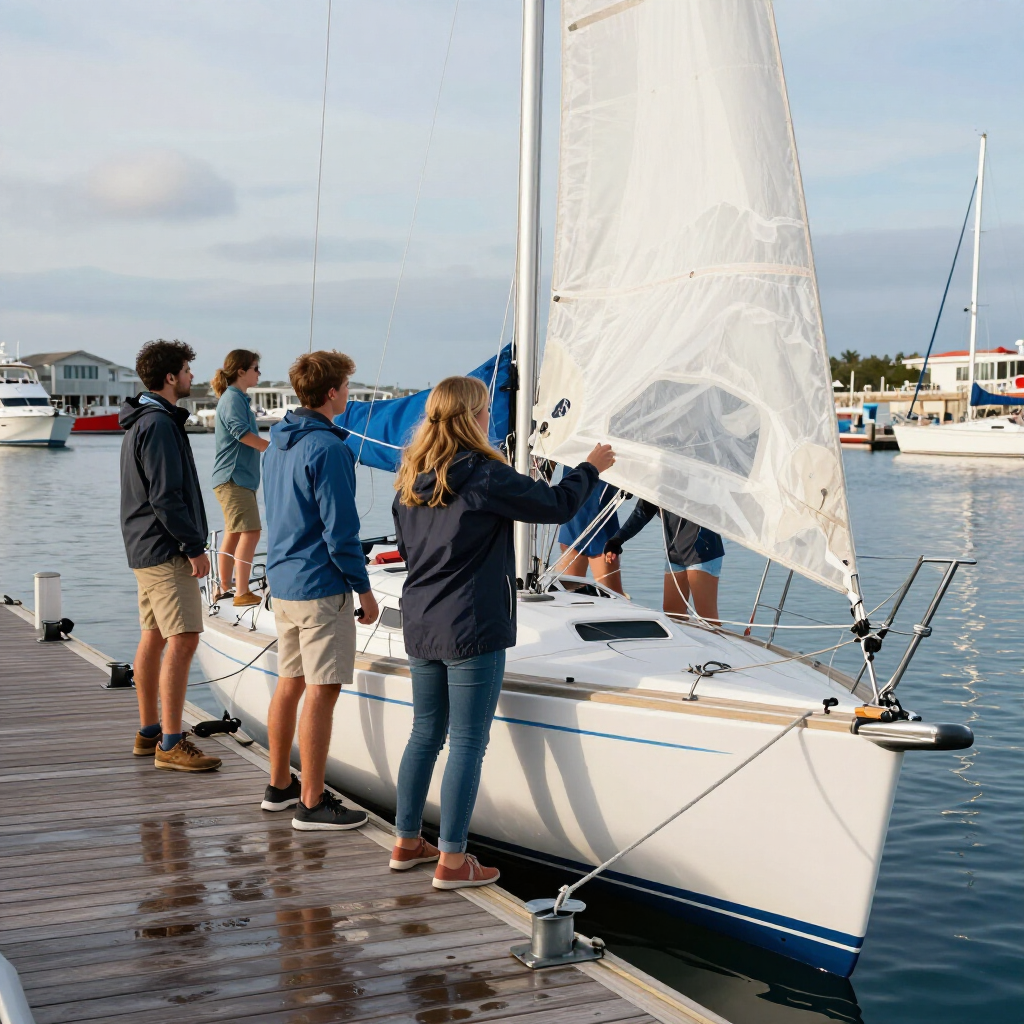 Four people on a sailboat docked at a marina, raising a white sail at sunset.
